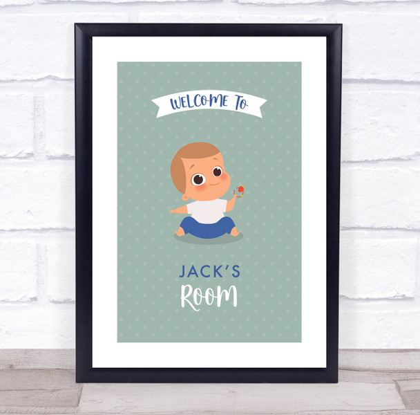 Light Brown Hair Baby Boy Playing Toy Room Children's Wall Art Print