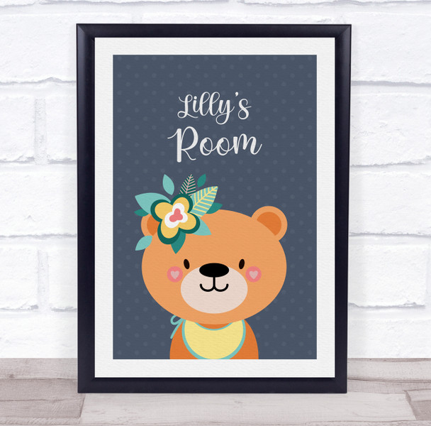 Blue Bear Flowers Name Room Personalised Children's Wall Art Print