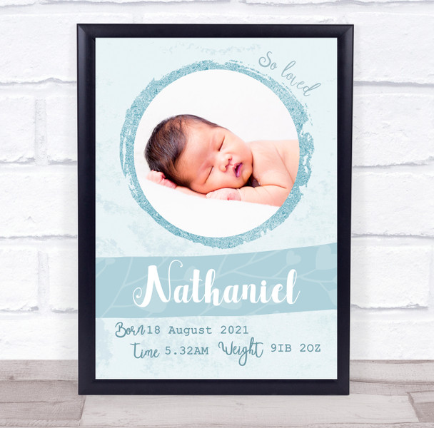 New Baby Birth Details Christening Nursery Blue Circle Photo Keepsake Gift Print