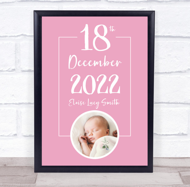 New Baby Birth Details Nursery Christening Pink Photo Typographic Gift Print