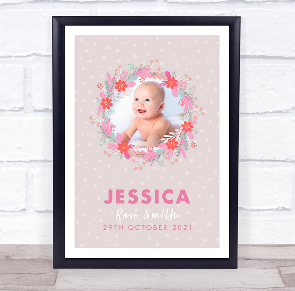 New Baby Birth Details Christening Nursery Floral Wreath Photo Gift Print