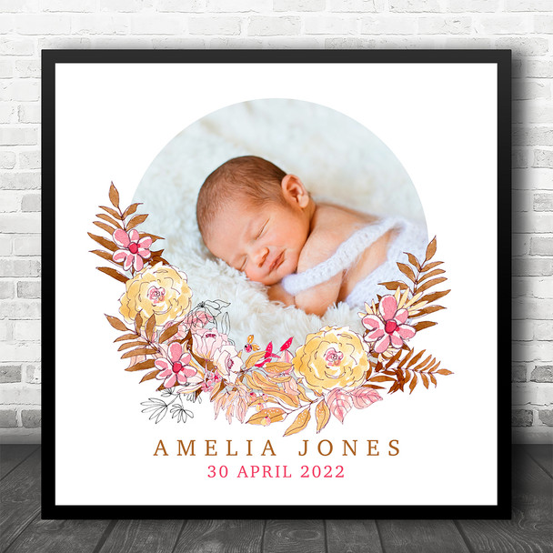 New Baby Birth Details Christening Nursery Square Floral Photo Pink Gift Print