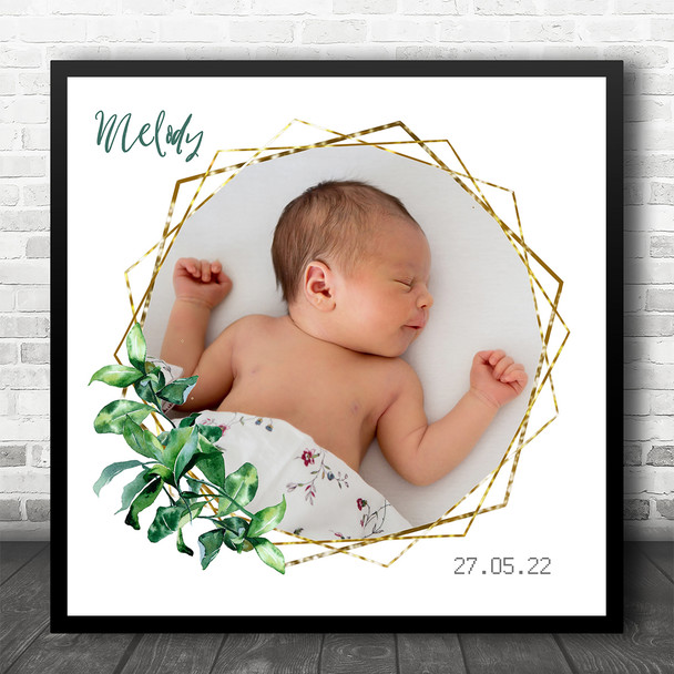 New Baby Birth Details Christening Nursery Square Leaves Photo Gift Print