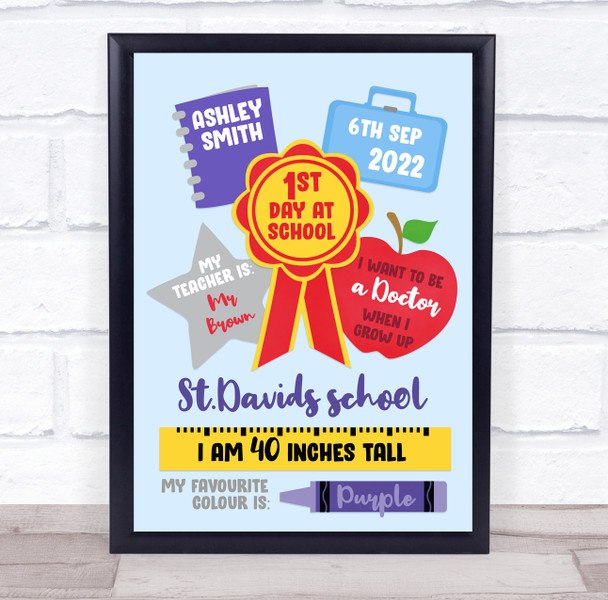 First Day At School Primary Details Illustrations Personalised Gift Art Print