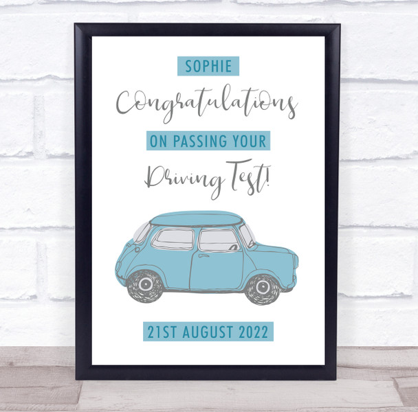 Passing Driving Test Congratulations Blue Car Personalised Gift Art Print
