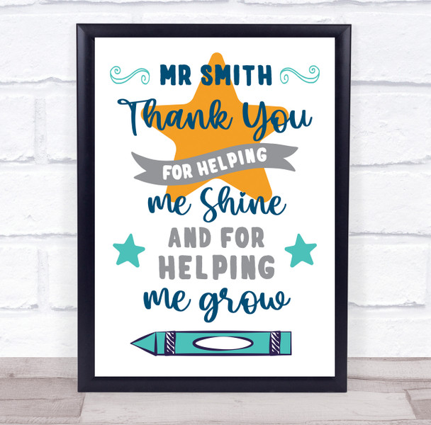 Thank You For Helping Me Shine Teacher Typographic Personalised Gift Art Print