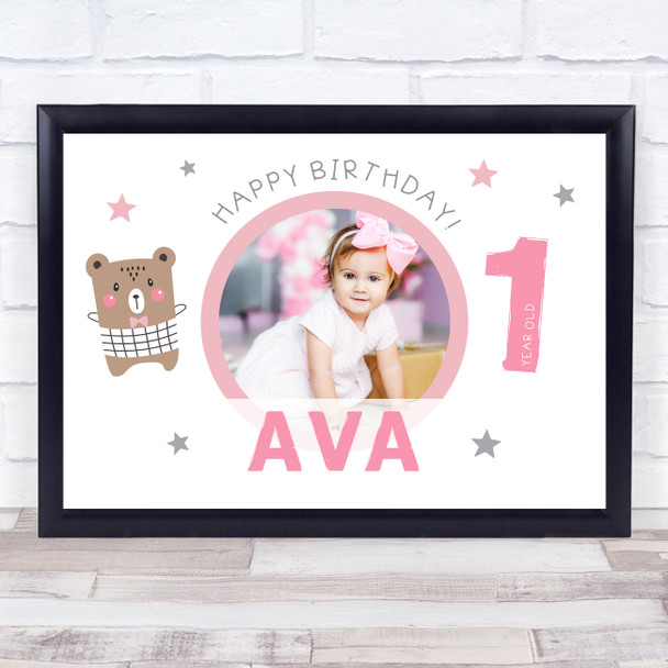 1st Birthday Girl Cute Bear Photo Personalised Gift Art Print
