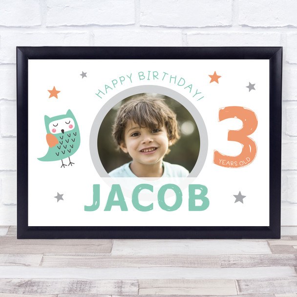 3rd Birthday Boy Cute Owl Photo Personalised Gift Art Print