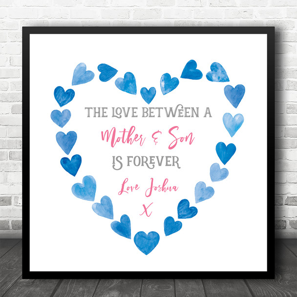 Love Between A Mother And Son Blue Hearts Square Personalised Gift Art Print