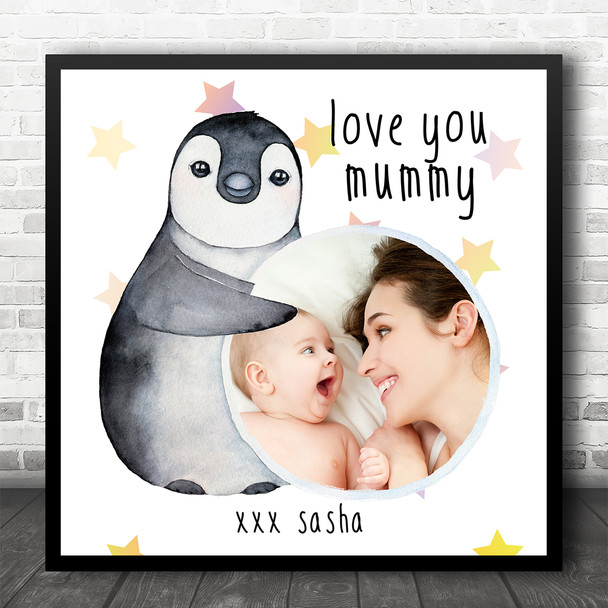 Square Baby Penguin Photo First Mother's Day Personalised Gift Art Print