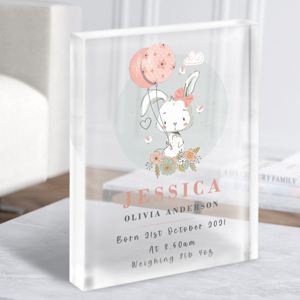 New Baby Birth Details Christening Nursery White Bunny Rabbit Acrylic Block