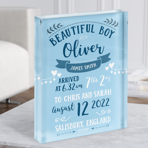 New Baby Birth New-born Nursery Christening Blue Typographic Acrylic Block