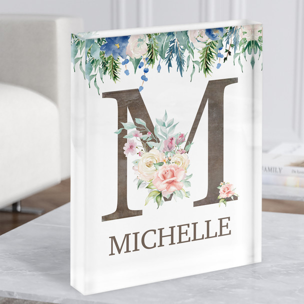 Floral Any Name Initial M Personalised Acrylic Block