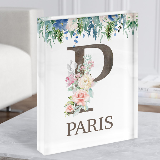 Floral Any Name Initial P Personalised Acrylic Block
