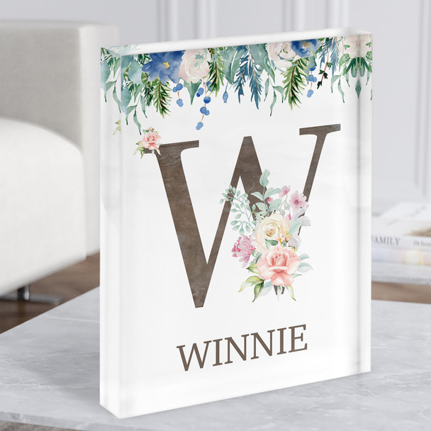 Floral Any Name Initial W Personalised Acrylic Block