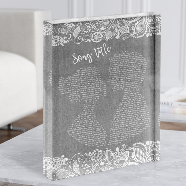 Grey Burlap & Lace Any Song Lyric Acrylic Block