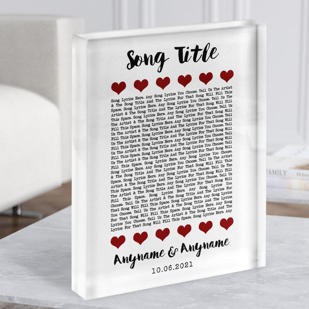 Red Hearts In Row Any Song Lyric Acrylic Block