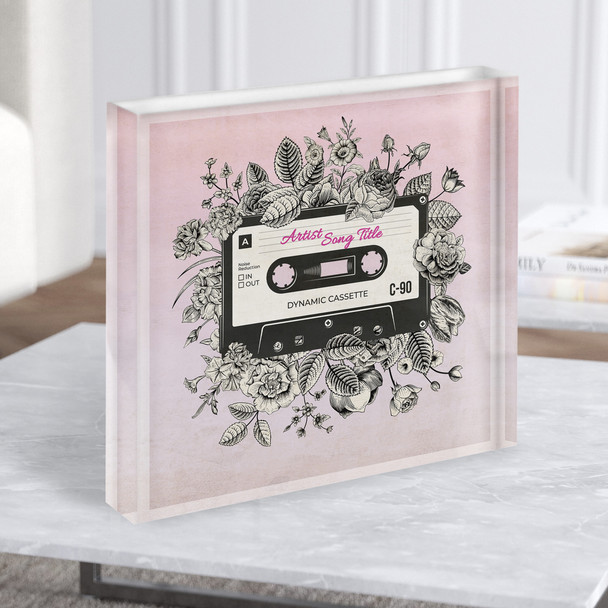 Pink Vintage Floral Cassette Tape Square Any Song Lyric Acrylic Block