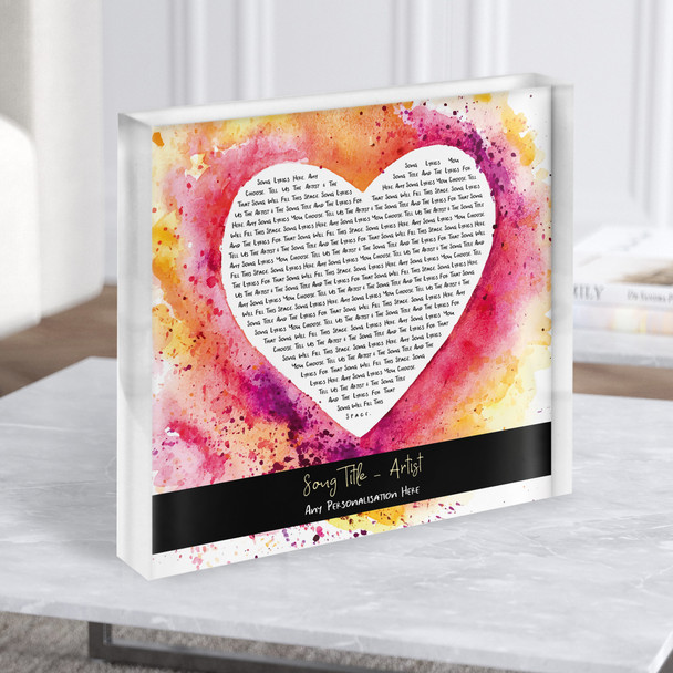 Pink Yellow Watercolour Paint Heart Square Any Song Lyric Acrylic Block