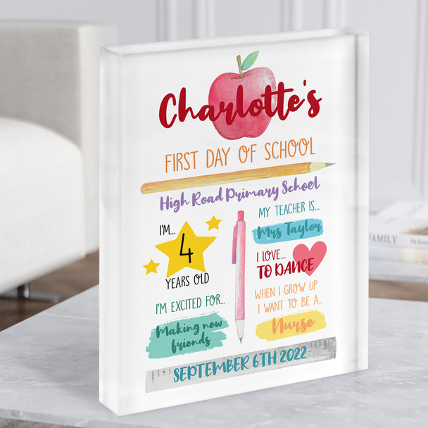 First Day Of Primary School Details Personalised Gift Acrylic Block