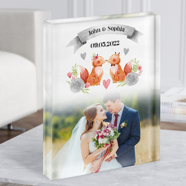 Wedding Day Fox Cute Couple Photo Personalised Gift Acrylic Block