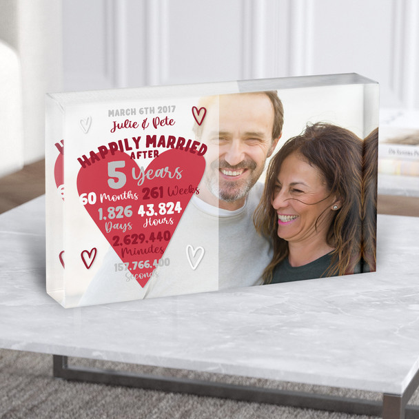 5 Years Anniversary Wedding Heart Photo Personalised Gift Acrylic Block