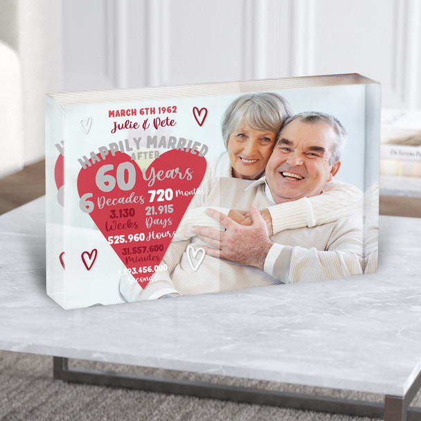 60 Years 60th Anniversary Wedding Heart Photo Personalised Gift Acrylic Block