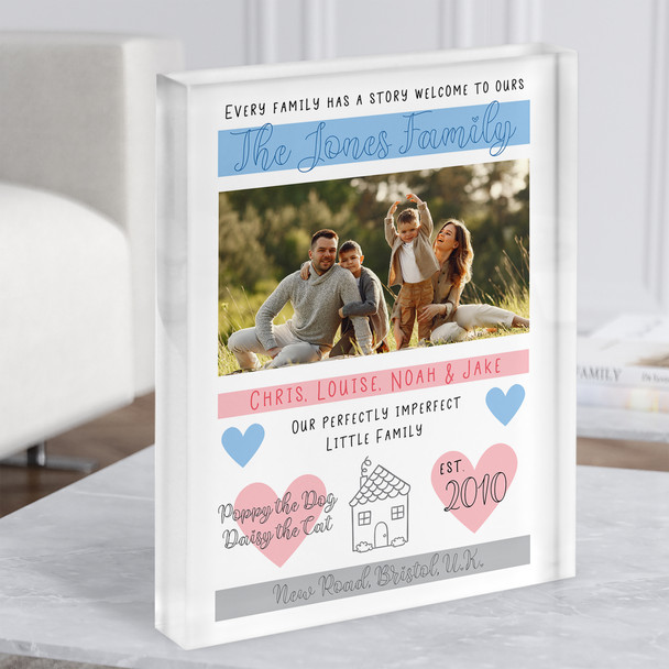 Family Details Favourite Things Info Pink Blue Mum Dad Photo Gift Acrylic Block