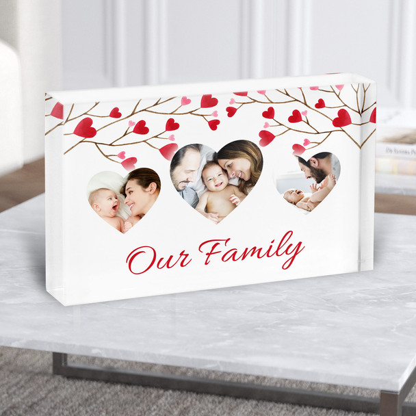 Our Family Photo Hearts X3 Heart Branch Personalised Gift Acrylic Block