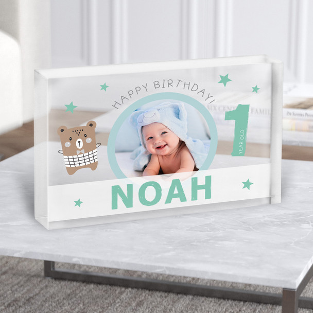 1st Birthday Boy Cute Bear Photo Personalised Gift Acrylic Block