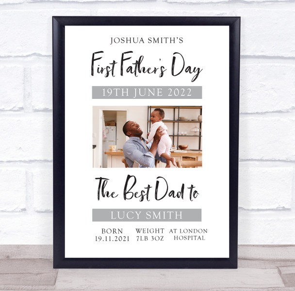 First Father's Day Child Details Info Photo Grey Personalised Gift Print