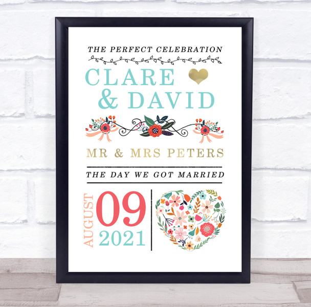 Celebration Floral Heart Day Got Married Wedding Anniversary Gift Print