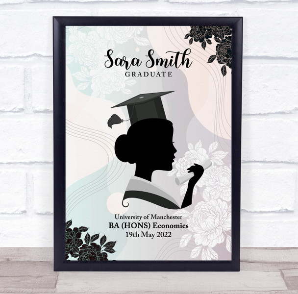 Silhouette Of Woman With Graduation Hat Personalised Wall Art Gift Print