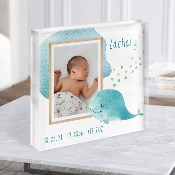 Birth Details Nursery Christening New Baby Whale Photo Square Gift Acrylic Block