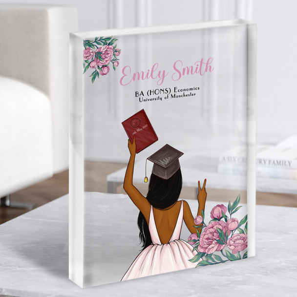 Pink Flowers Brown Skin Graduate Girl Graduation Congratulations Acrylic Block