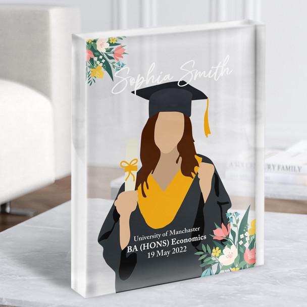 Brown Hair Graduation Girl With Diploma Personalised Gift Acrylic Block