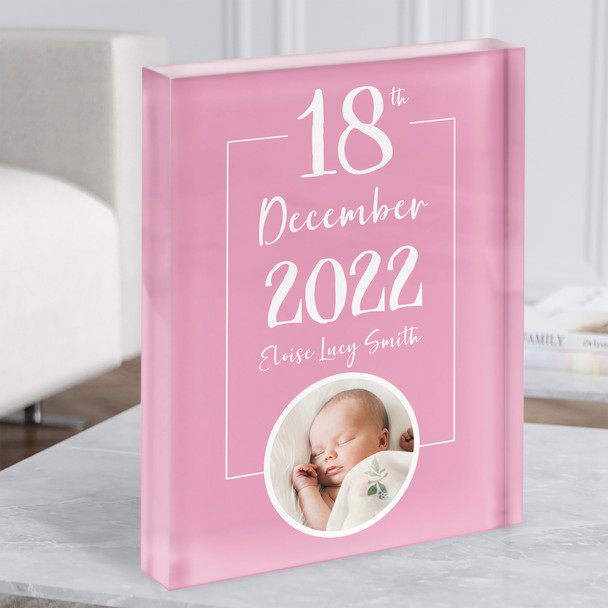 New Baby Birth Details Nursery Christening Pink Photo Typographic Acrylic Block