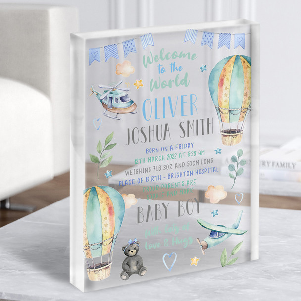 New Baby Birth New-born Nursery Christening Hot Air Balloons Gift Acrylic Block