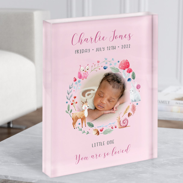New Baby Birth Details Nursery Christening Pink Forest Photo Gift Acrylic Block