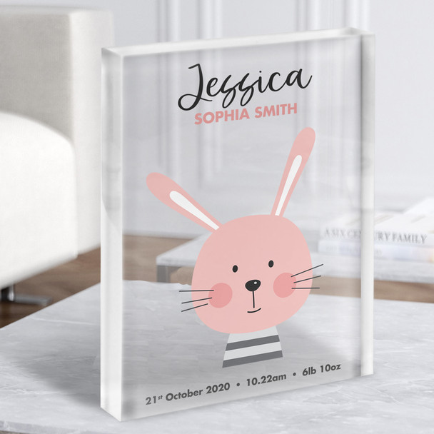 New Baby Birth Details Nursery Christening Cute Rabbit Face Gift Acrylic Block