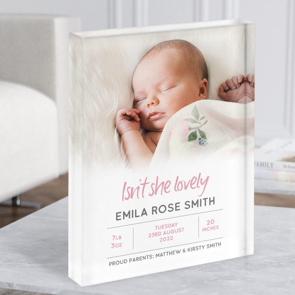 New Baby Birth New-born Nursery Christening Girl Photo Info Gift Acrylic Block