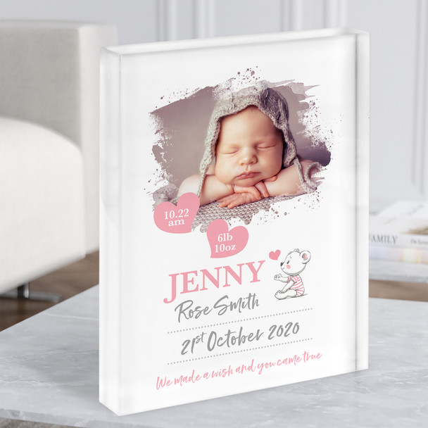 New Baby Birth Details Christening Nursery Pink Bear Photo Gift Acrylic Block