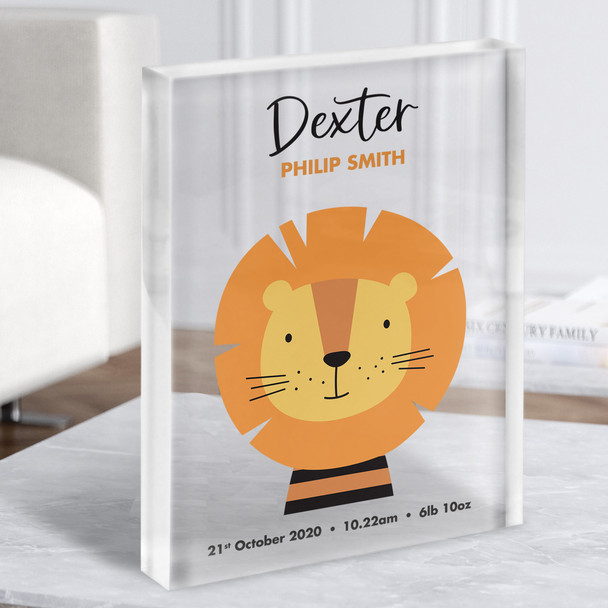 New Baby Birth Details Nursery Christening Cute Lion Face Gift Acrylic Block