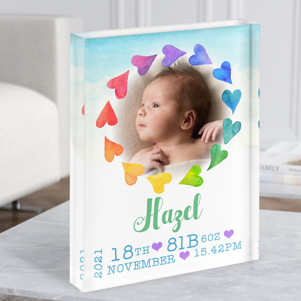 Birth Details Nursery Christening New Baby Rainbow Photo Gift Acrylic Block