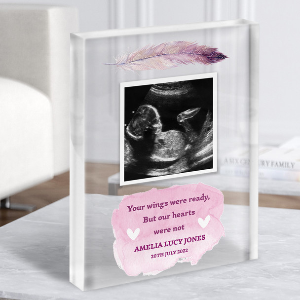 Baby Loss Miscarriage Memorial Photo Scan Picture Pink Feather Acrylic Block