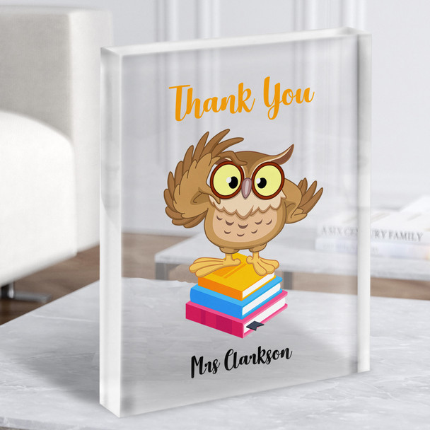 Owl On Books Thank You Card Personalised Gift Acrylic Block