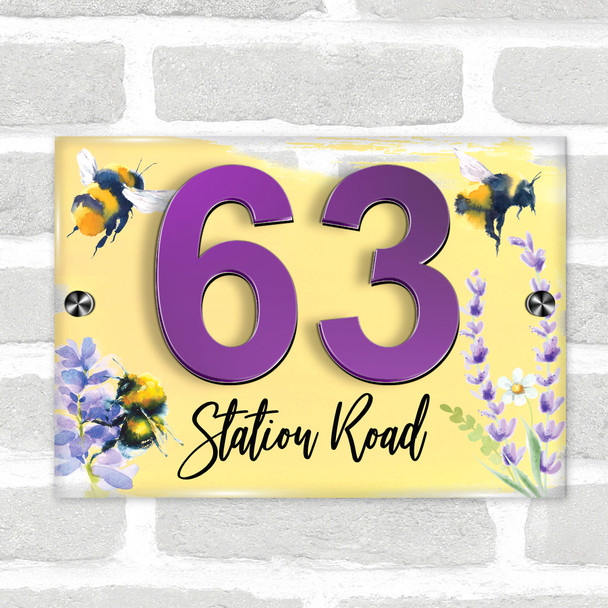 Bee Bumblebee Floral Pretty Yellow Purple Modern Acrylic Door Number House Sign