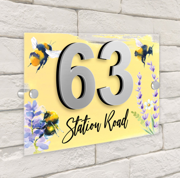 Bee Bumblebee Floral Pretty Yellow Purple Modern Acrylic Door Number House Sign