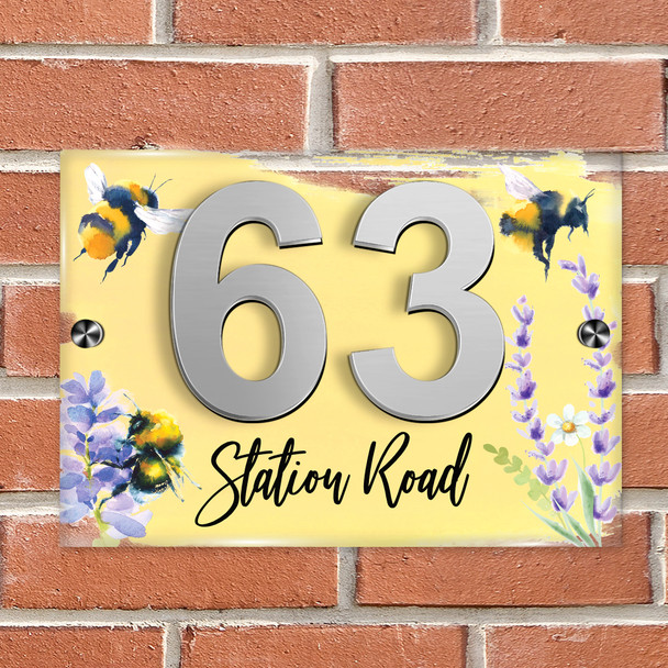 Bee Bumblebee Floral Pretty Yellow Purple Modern Acrylic Door Number House Sign