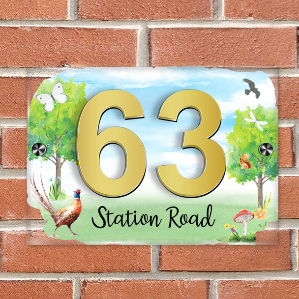 Pheasant English Countryside Garden Trees Modern Acrylic Door Number House Sign